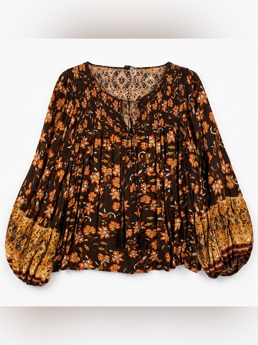 Grace + Karma Boho Floral Peasant Blouse Tassel Tie Statement Sleeves 2X